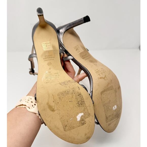 Stuart Weitzman Starla 80 Ankle Strap Leather Heel Gunmetal Gray Silver US 8 - Picture 8 of 9